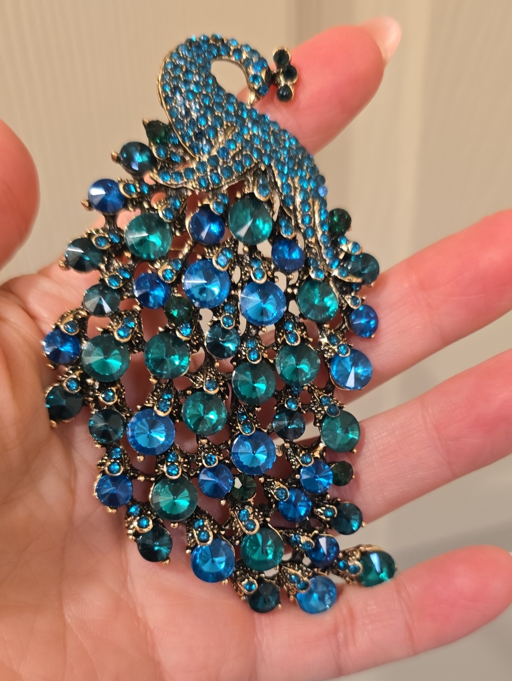 Blue & Teal Crystal Peacock Brooch